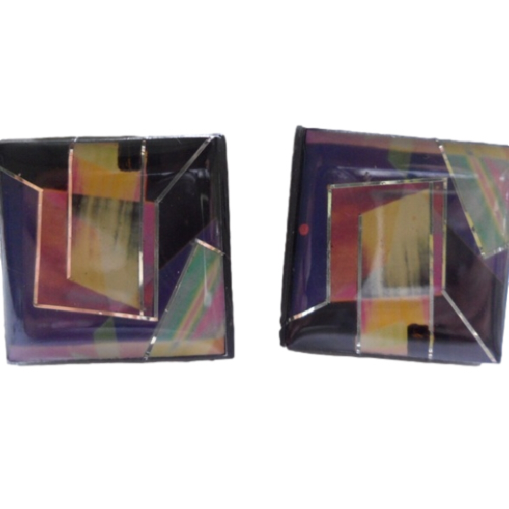 VINTAGE 1980s Purple & Gold Abstract Geometric Square Stud Earrings